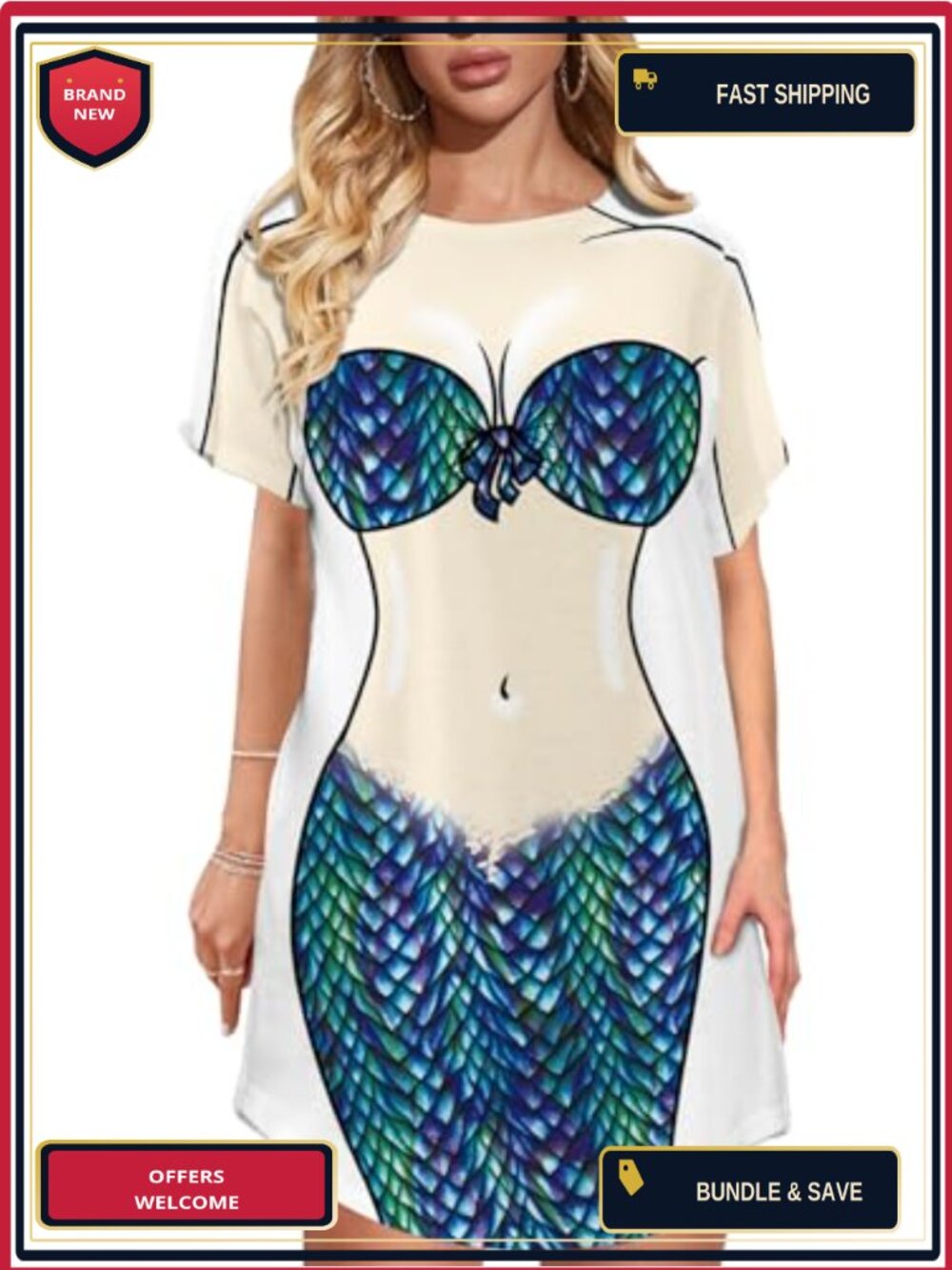Women's Funny Mermaid Body Print Bikini Beach Cover-Up Shirt Short Sleeve Baggy